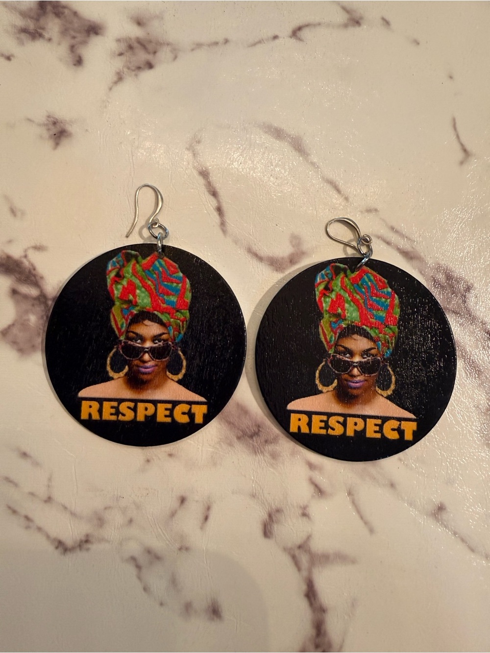 Respect Black Round Statement Earrings with Colorful Headwrap